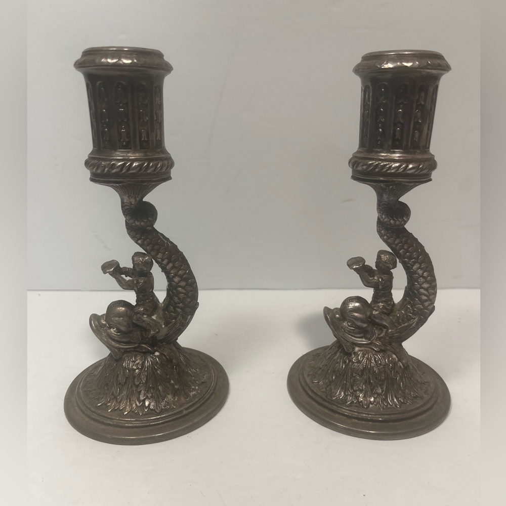 2 x PAIRPOINT Dolphin Silver Dolphin Sea Monster Candlestick Holders Vintage